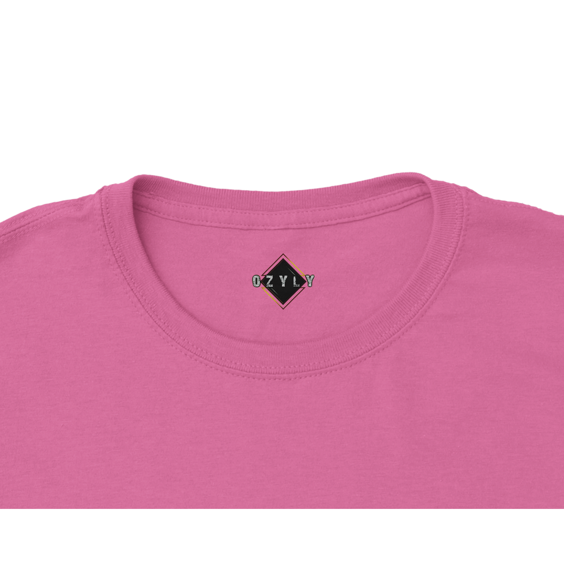 Close-up of a pink shirt with a brand logo on a white background