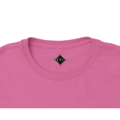 Close-up of a pink shirt with a brand logo on a white background