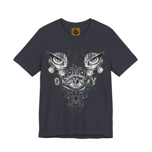 Mystical Owl Graphic Tee | Unisex Short Sleeve Shirt for Nature Lovers, Festival Wear, Gift for Owl Lovers, Unique Playful Design