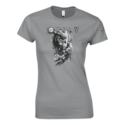 Gray t-shirt with an owl design and 'July' text  Classic Women Crewneck T-shirt with owl and ''OZYLY'' logo with watch