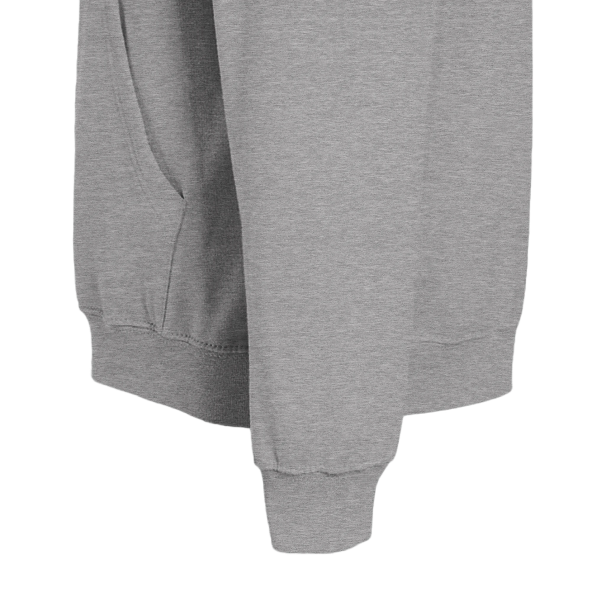 Gray sweatshirt with a focus on the sleeve and hem on a white background