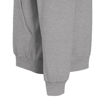 Gray sweatshirt with a focus on the sleeve and hem on a white background