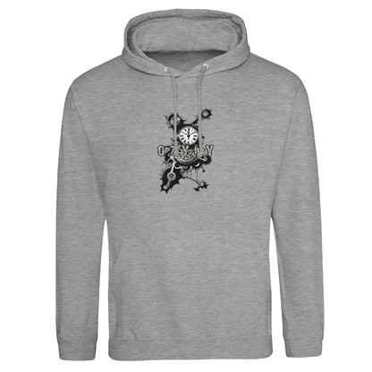 Gray hoodie with a black clock mechanism graphic design