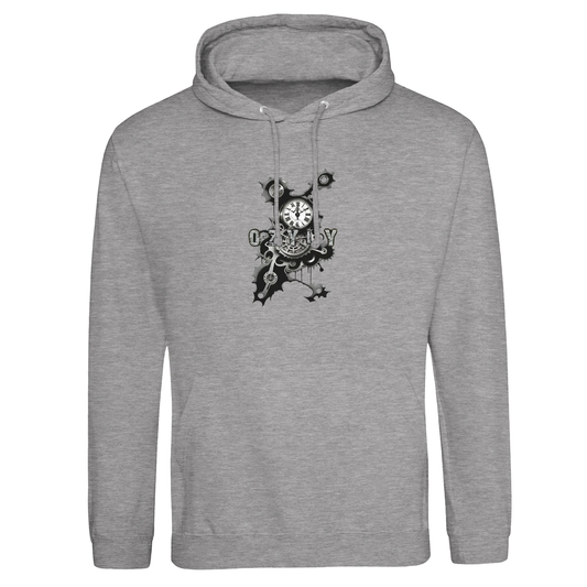 Gray hoodie with a black clock mechanism graphic design
