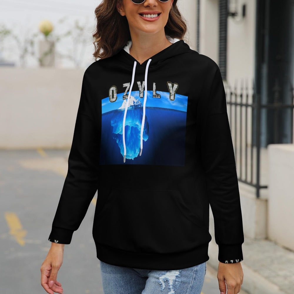 Black comfort with a modern silhouette Dropped Sleeve Hoodie with iceberg print and OZYLY logo