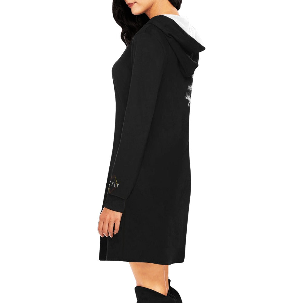 Black Women's Hoodie Mini Dress with eye in clock and floral and logo