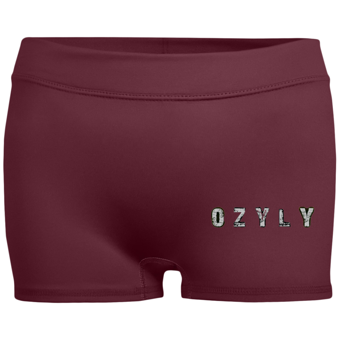 Maroon shorts with 'OZYLY' branding on a white background