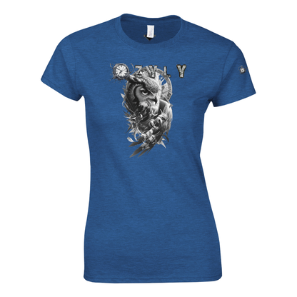Blue t-shirt with a graphic design of an owl and text on a white background Classic Women Crewneck T-shirt with owl and ''OZYLY'' logo with watch