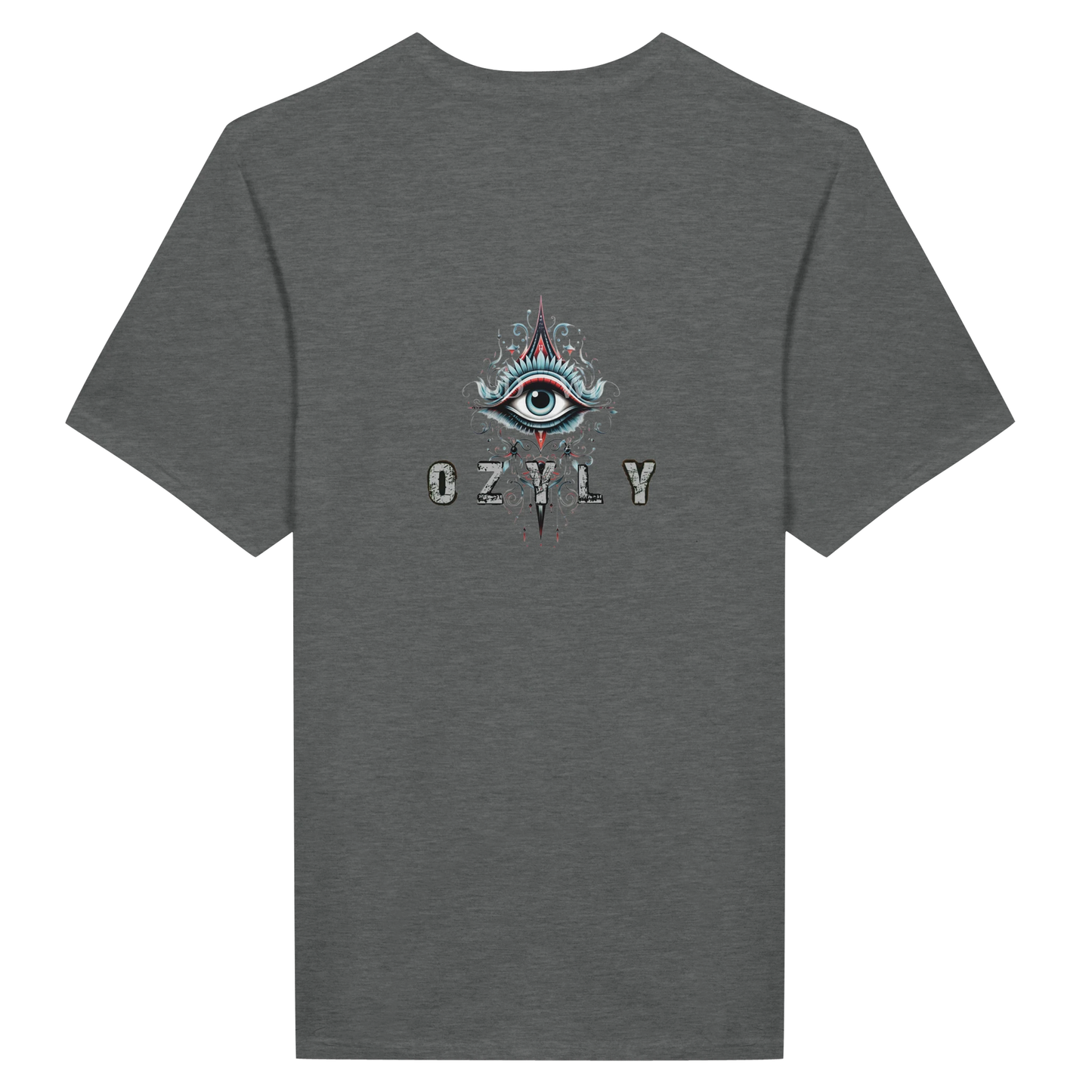 Classic Unisex Crewneck T-shirt, crafted from premium Gildan® 64000 fabric. This t-shirt features a striking eye image and the distinctive Ozyly logo
