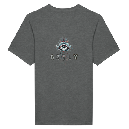 Classic Unisex Crewneck T-shirt, crafted from premium Gildan® 64000 fabric. This t-shirt features a striking eye image and the distinctive Ozyly logo