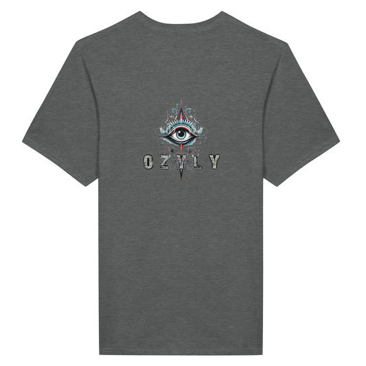 Classic Unisex Crewneck T-shirt, crafted from premium Gildan® 64000 fabric. This t-shirt features a striking eye image and the distinctive Ozyly logo