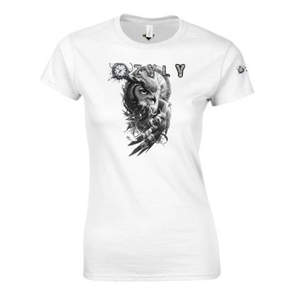 White t-shirt with black graphic design and 'Ozzy' text on a white background Classic Women Crewneck T-shirt with owl and ''OZYLY'' logo with watch