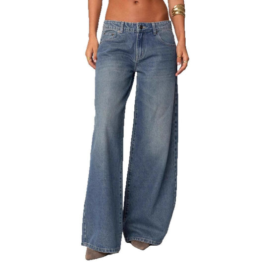 Stylish wide-leg denim trousers and jeans for women.