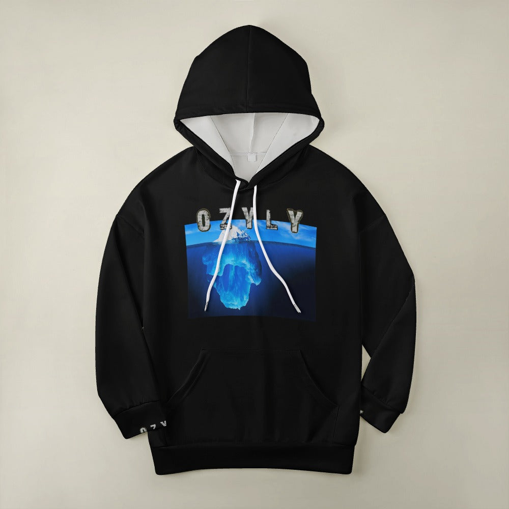 Black comfort with a modern silhouette Dropped Sleeve Hoodie with iceberg print and OZYLY logo