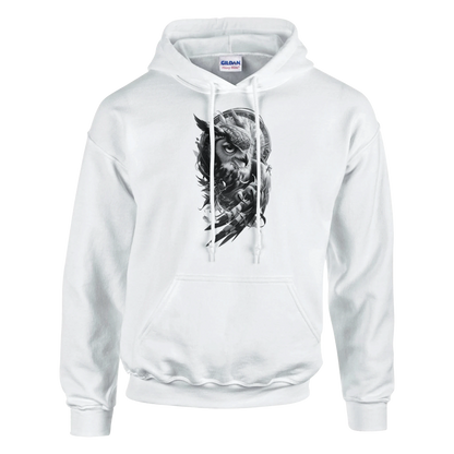 White hoodie with a black and white graphic design on a white background Classic Unisex Pullover Hoodie | Gildan® 18500 with owl