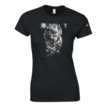 Black t-shirt with a graphic design of an owl and text on a white background Classic Women Crewneck T-shirt with owl and ''OZYLY'' logo with watch