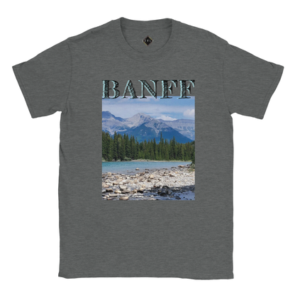 Gray t-shirt with Banff graphic design featuring mountains and lake. Banff plus size Classic Unisex Crewneck T-shirt | Gildan® 64000