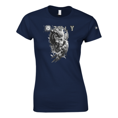 Navy blue t-shirt with an owl design Classic Women Crewneck T-shirt with owl and ''OZYLY'' logo with watch