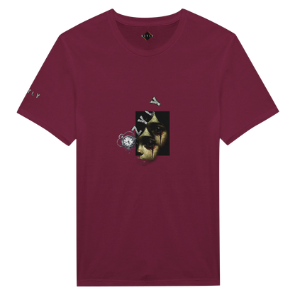 Maroon t-shirt with a dog graphic on a white background