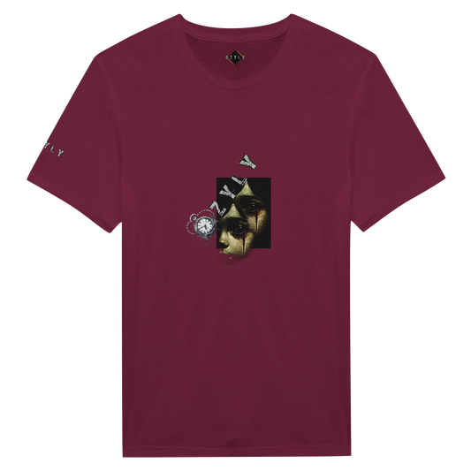 Maroon t-shirt with a dog graphic on a white background