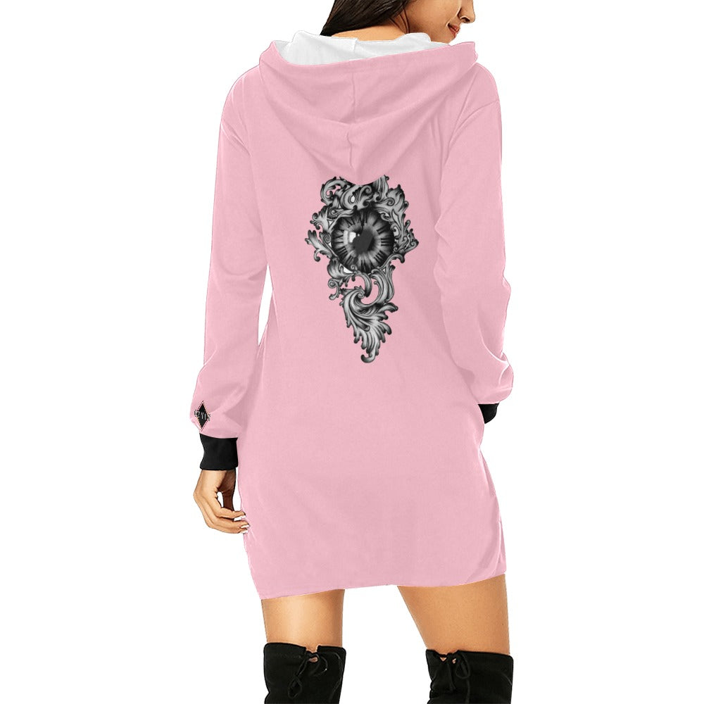 Pink Women's Hoodie Mini Dress with eye in clock and floral 
