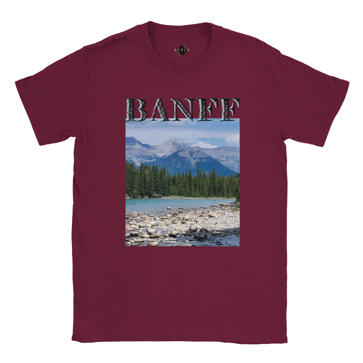 Maroon t-shirt with Banff graphic design featuring mountains and trees. Banff plus size Classic Unisex Crewneck T-shirt | Gildan® 64000