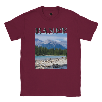 Maroon t-shirt with Banff graphic design featuring mountains and trees. Banff plus size Classic Unisex Crewneck T-shirt | Gildan® 64000