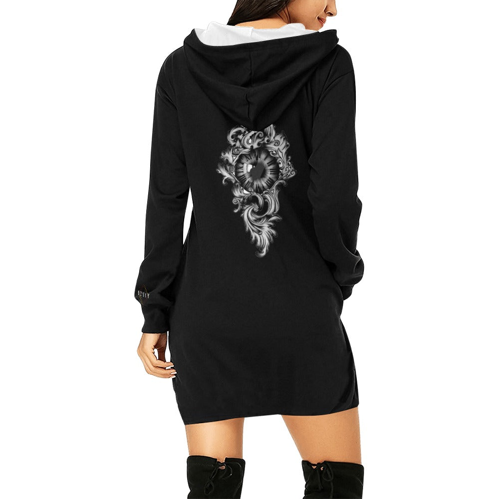 Black Women's Hoodie Mini Dress with eye in clock and floral 