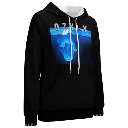 Black comfort with a modern silhouette Dropped Sleeve Hoodie with iceberg print and OZYLY logo
