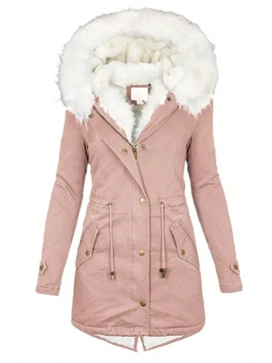 Pink parka coat with white fur hood on a white background