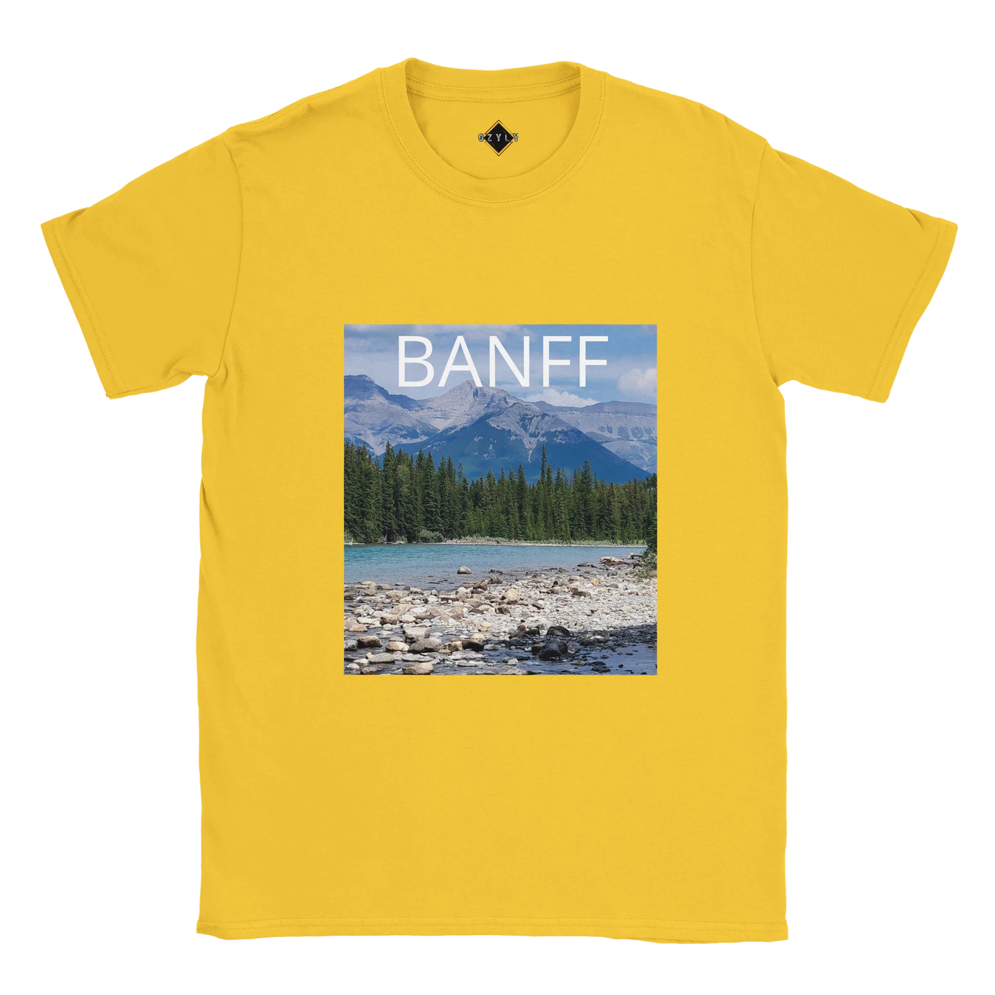 Yellow t-shirt with Banff mountain landscape graphic on a white background