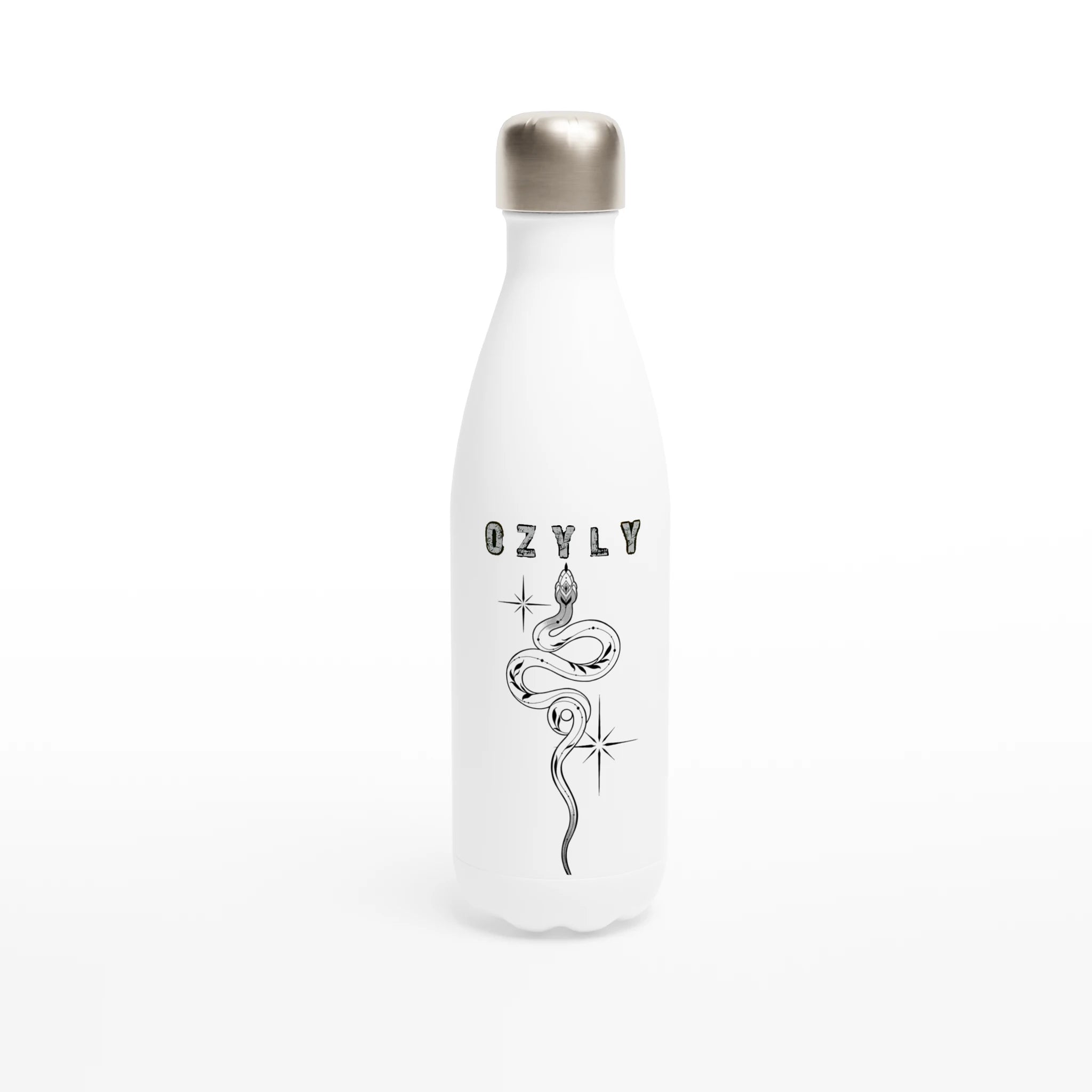 White water bottle with silver cap and 'OZYLY' branding on a white background