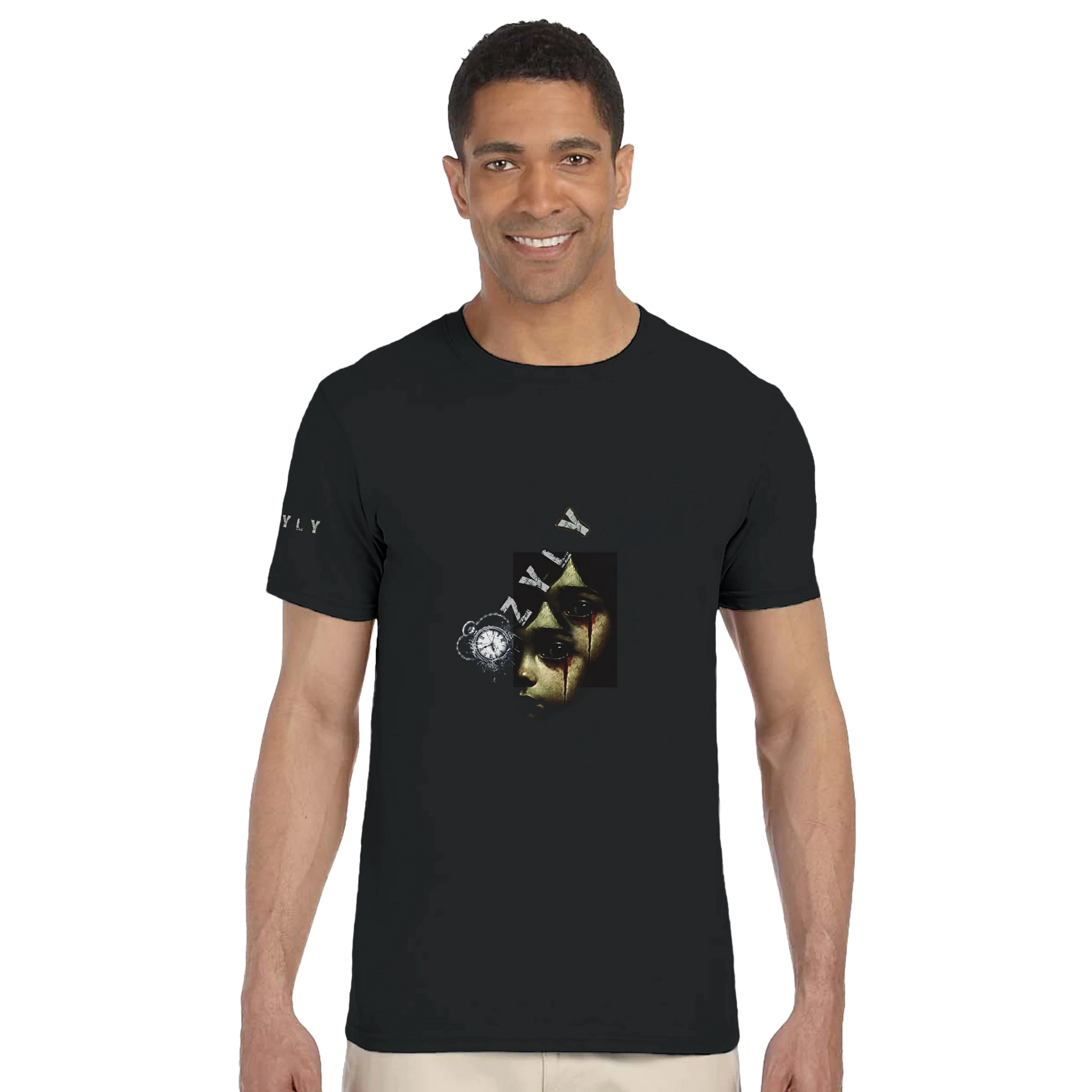 Man wearing a black t-shirt with  t-shirt with a girl Ghost face Portrait graphic