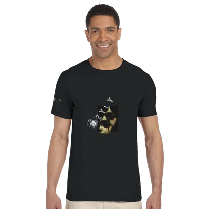 Man wearing a black t-shirt with  t-shirt with a girl Ghost face Portrait graphic